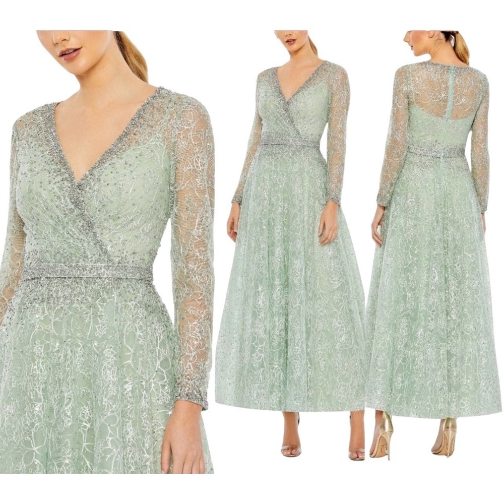 Mac Duggal 20366 Sage Wrap Bodice A-Line Tea Length Dress Size 4 $798